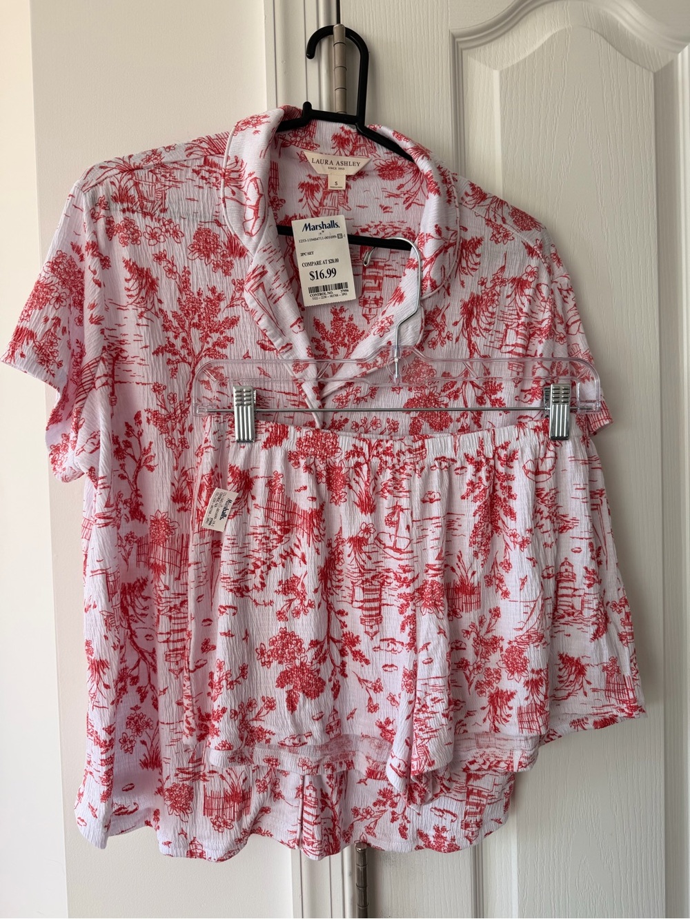 Laura Ashley White and Red Toile Button-Front Short Sleeve/ Shorts pajama set